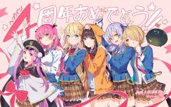  6+girls aikawa_megumi animal_hood arm_up behind_another black_cloak blonde_hair blue_jacket brown_hair brown_skirt cloak commentary_request glasses gomi_chihiro group_picture hat heaven_burns_red hood hoodie izumi_yuki_(heaven_burns_red) jacket kayamori_ruka kunimi_tama long_hair multiple_girls narby_(heaven_burns_red) necktie one_eye_covered orange_hoodie pink_hair red_necktie school_uniform shirt short_hair skirt smile team_31a_(heaven_burns_red) white_hair white_shirt 