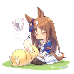  1girl animal_ears blue_ribbon blush brown_hair butterfree closed_eyes closed_mouth commentary_request ear_ribbon grass_wonder_(umamusume) highres horse_ears horse_girl horse_tail long_hair long_sleeves pokemon psyduck ribbon sailor_collar shirt skirt smile solo tail umamusume white_background white_sailor_collar white_skirt 