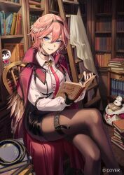  1girl black_gloves black_skirt book bookshelf brown_pantyhose chair commentary_request crossed_legs feathered_wings gloves hair_between_eyes holding holding_book hololive indoors ladder long_sleeves looking_at_viewer nonon_813 official_art on_chair pantyhose parted_lips partially_fingerless_gloves pink_hair shirt short_hair sitting skirt smile solo takane_lui thigh_strap virtual_youtuber white_shirt wings 