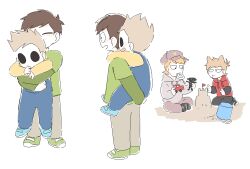  4boys aged_down antenna_hair baseball_cap black_eyes black_pants black_shoes blue_overalls blue_shoes brown_hair brown_pants bucket carrying carrying_person child closed_eyes commentary drawstring edd_(eddsworld) eddsworld flipped_hair from_side green_shirt green_shoes grey_hoodie hair_ears hat height_difference holding holding_toy hollow_eyes hood hood_down hoodie jaggy_lines jitome keep_(dmswls6145) lollipop_in_mouth long_sleeves looking_at_another looking_down male_focus matt_(eddsworld) multiple_boys multiple_views official_alternate_costume open_mouth orange_hair overalls pants piggyback playing purple_pants red_hoodie sand sand_castle sand_sculpture shirt shoes short_hair simple_background sitting sneakers spiky_hair tom_(eddsworld) tord_(eddsworld) toy toy_car toy_robot white_background yellow_shirt 