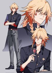  1boy belt black_shirt blonde_hair braid buttons chain collared_shirt commentary crossed_arms cup drinking_glass facial_tattoo full_body hashtag-only_commentary highres honkai:_star_rail honkai_(series) male_focus multiple_expressions mydei_(hello_world!)_(honkai:_star_rail) mydei_(honkai:_star_rail) official_alternate_costume orange_eyes pants ponytail shirt shoes side_braid simple_background sleeves_rolled_up tattoo untranslatable_commentary wine_glass yuelinpanp98413 