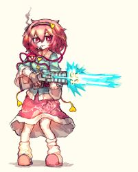  1girl absurdres black_hairband blue_shirt blush brown_gloves buttons cigarette collared_shirt commentary eyeball fingerless_gloves firing floral_print full_body gloves gun hair_ornament hairband heart heart_button heart_hair_ornament highres holding holding_gun holding_weapon komeiji_satori korean_commentary long_sleeves pink_eyes pink_hair pink_skirt pink_slippers print_skirt rampa93 rose_print shirt skirt slippers smoking socks solo third_eye touhou weapon white_socks wide_sleeves 