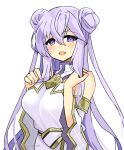  1girl alternate_hairstyle bare_shoulders commentary_request double_bun dress fire_emblem fire_emblem:_genealogy_of_the_holy_war hair_bun looking_at_viewer open_mouth partial_commentary purple_hair solo violet_eyes yukia_(firstaid0) 