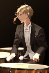  1boy black_background black_jacket bow bowtie bungou_stray_dogs drum grey_bow grey_bowtie grey_hair grey_shirt instrument jacket looking_to_the_side male_focus music nakajima_atsushi_(bungou_stray_dogs) open_clothes open_jacket pigon playing_instrument shirt simple_background sitting solo suit_jacket timpani 