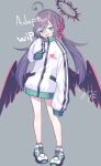  1girl :d ahoge black_hair black_wings commentary_request feathered_wings full_body green_eyes grey_background hair_ribbon halo jacket long_hair long_sleeves looking_at_viewer low_twintails low_wings mikan_(ama_no_hakoniwa) original pink_socks puffy_long_sleeves puffy_sleeves red_ribbon ribbon shoes short_eyebrows signature simple_background sleeves_past_fingers sleeves_past_wrists smile socks solo standing thick_eyebrows twintails very_long_hair white_footwear white_jacket wings 