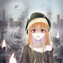  1girl absurdres battlefield brown_eyes brown_shirt cho_kaguya-hime! fire green_helmet helmet highres kaguya_(cho_kaguya-hime!) long_hair looking_at_viewer open_mouth riiyumy shirt smoke thousand_yard_stare 