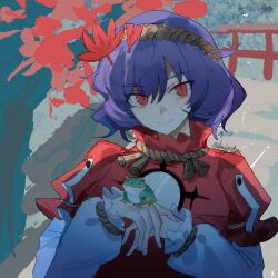  1girl animal_on_hand closed_mouth commentary frog hair_ornament hashtag-only_commentary highres kouyicha layered_sleeves leaf_hair_ornament long_sleeves looking_at_viewer mirror purple_hair red_eyes red_shirt rope shirt short_hair short_over_long_sleeves short_sleeves smile solo torii touhou twitter_username yasaka_kanako 