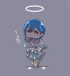  1girl blue_dress blue_hair commentary_request deformed dress earrings full_body gradient_clothes gradient_dress grey_background halo jewelry lilia_(love_live!) long_sleeves looking_at_viewer love_live! love_live!_superstar!! off-shoulder_dress off_shoulder orange_eyes parted_lips pleated_dress simple_background solo stud_earrings traditional_halo translation_request wakana_shiki white_halo zyagazyaga117 