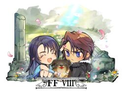  1boy 1girl angelo_(ff8) arm_warmers bike_shorts bike_shorts_under_skirt black_boots black_gloves black_hair black_jacket black_pants black_shorts blue_arm_warmers blue_cardigan blue_eyes blue_skirt blush boots brown_hair cardigan chibi chibi_only closed_eyes closed_mouth commentary_request copyright_name couple dog earrings falling_petals field final_fantasy final_fantasy_viii flower flower_field frown fur-trimmed_jacket fur_trim gloves hair_between_eyes hand_on_another's_face hetero jacket jewelry long_hair meadow multicolored_hair necklace open_mouth outdoors pants parted_bangs petals pink_petals ring ring_necklace rinoa_heartilly ruins sayaendou0426 scar scar_on_face scar_on_forehead short_hair shorts single_earring skirt smile squall_leonhart streaked_hair twitter_username 
