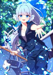  1girl :d absurdres ahoge alpha_betta_(vtuber) black_boots blue_eyes blue_hair blue_pants blue_shirt blue_sky boots bubble bucket chain-link_fence clouds collarbone collared_shirt cowboy_shot empty_pool english_commentary fence fins head_fins high_ponytail highres holding holding_bucket lens_flare long_hair name_tag open_mouth outdoors pants ponytail pool pool_ladder second-party_source shimotsuki_aoi shirt sky smile solo tank_top three-quarter_sleeves tree v-dere virtual_youtuber white_tank_top 