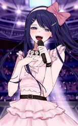  1girl :d aosuke_(02ao_04_) bare_shoulders belt black_hair blush bow breasts commentary_request danganronpa:_trigger_happy_havoc danganronpa_(series) hair_bow hair_ornament hairclip highres holding holding_microphone idol layered_skirt long_hair looking_at_viewer maizono_sayaka medium_breasts microphone pink_bow shirt skirt smile solo teeth tongue violet_eyes white_shirt white_skirt 
