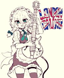  1girl apron back_bow bow braid commentary_request dress english_text green_bow green_eyes guitar highres holding holding_guitar holding_instrument instrument izayoi_sakuya korean_commentary long_hair maid maid_headdress monochrome open_mouth puffy_short_sleeves puffy_sleeves rampa93 short_sleeves smile solo spot_color thigh-highs thigh_strap touhou twin_braids waist_apron yellow_theme 