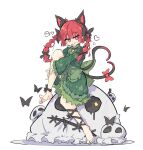  1girl :3 animal_ears barefoot black_ribbon bow braid cat_ears commentary dress extra_ears full_body green_dress hair_bow highres kaenbyou_rin leg_ribbon looking_at_viewer medium_hair nekomata pointy_ears primsla red_bow red_eyes redhead ribbon simple_background sitting solo tongue tongue_out touhou twin_braids white_background 