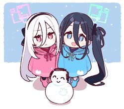  2girls :< :d aris_(blue_archive) black_hair black_hairband black_pantyhose blue_archive blue_boots blue_bow blue_bowtie blue_coat blue_eyes blush boots bow bowtie character_snowman chibi chibi_only closed_mouth coat commentary_request doodle_sensei_(blue_archive) double-parted_bangs full_body green_halo hair_between_eyes hairband halo hood hood_down hooded_coat jaggy_lines kei_(blue_archive) kei_(new_body)_(blue_archive) long_hair long_hair_between_eyes long_sleeves looking_at_viewer multiple_girls open_mouth pantyhose pink_boots pink_bow pink_bowtie pink_coat pink_eyes pink_halo rectangular_halo ringed_eyes sensei_(blue_archive) smile snow snowing snowman standing white_hair white_pantyhose yoru_nai 