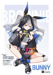  1girl absurdres ai_ke_le_de_xiao_hong animal_ears barcode barcode_tattoo black_gloves black_jacket black_shoes black_shorts blue_socks bronya_zaychik bronya_zaychik_(haxxor_bunny) character_name closed_mouth commentary_request drill_hair fake_animal_ears full_body gloves grey_eyes grey_hair highres honkai_(series) honkai_impact_3rd indian_style jacket knee_pads long_sleeves looking_at_viewer rabbit_ears shoes shorts single_knee_pad sitting socks solo tattoo twin_drills 