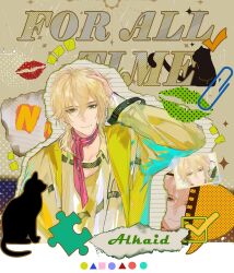 1boy alkaid_mcgrath alternate_costume belt black_belt blank_speech_bubble blonde_hair border brown_background cat character_name checkmark chinese_commentary circle closed_mouth collage_(medium) collared_shirt colored_speech_bubble commentary_request copyright_name earrings film_strip green_eyes hair_between_eyes halftone halftone_background hand_on_own_head highres jacket jewelry letterboxed lined_paper lipstick_mark long_sleeves looking_at_viewer lovebrush_chronicles male_focus medium_hair notice_lines open_clothes open_collar open_jacket outline paperclip photo_(object) pink_scarf puzzle_piece scarf shirt smile solo sparkle speech_bubble square star_(symbol) torn_paper triangle upper_body white_border white_shirt xuedaixun yellow_jacket zoom_layer 