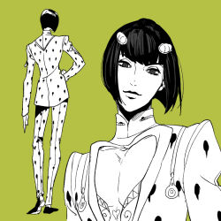  1boy black_hair bob_cut bruno_bucciarati commentary_request green_background greyscale_with_colored_background jojo_no_kimyou_na_bouken moru_moru_moru short_hair simple_background solo vento_aureo zipper zipper_pull_tab 