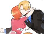 1boy 1girl bad_id bad_twitter_id black_eyes black_suit blonde_hair blue_shirt commentary_request hair_over_one_eye hetero hug joman korean_commentary looking_at_viewer nami_(one_piece) necktie one_piece orange_hair pink_shirt sanji_(one_piece) shirt short_hair short_sleeves simple_background striped striped_shirt suit translation_request vertical-striped_shirt vertical_stripes white_background