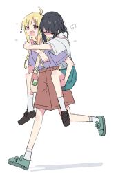 2girls ahoge black_hair black_shoes blonde_hair brown_shorts carrying cho_kaguya-hime! closed_eyes exhausted full_body green_shoes kaguya_(cho_kaguya-hime!) long_hair multiple_girls open_mouth piggyback purple_shirt running sakayori_iroha shiroshi_(denpa_eshidan) shirt shoes short_hair short_sleeves shorts socks white_background white_shirt white_socks 