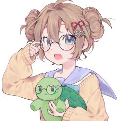 1boy 1girl 1kattze :< blue_eyes blue_sailor_collar brown_hair cardigan commentary double_bun english_commentary from_side glasses hair_between_eyes hair_bun hair_ornament heart heart_hair_ornament highres long_sleeves neuro-sama open_mouth round_eyewear sailor_collar simple_background turtle vedal987 vedal_ai virtual_youtuber white_background yellow_cardigan 