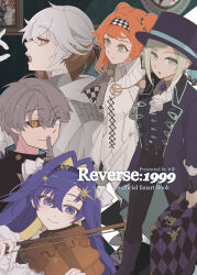  1boy 1other 3girls :o amanatsu_(amanatu5069) ascot black_coat black_hat black_pants black_sclera black_vest blue_eyes blue_hair boater_hat bow_(music) brown_hair checkered_hairband closed_mouth coat colored_inner_hair colored_sclera colored_tips commentary_request copyright_name cover cover_page doujin_cover dress finger_to_mouth gloves green_eyes grey_eyes grey_gloves grey_hair hair_bun hair_intakes hair_ornament hairband hat heterochromia highres holding holding_bow_(music) holding_instrument holding_suitcase holding_violin instrument long_hair looking_at_viewer medicine_pocket mismatched_sclera multicolored_hair multiple_girls music open_mouth orange_hair pants playing_instrument reverse:1999 shirt short_hair single_side_bun smile sonetto_(reverse:1999) star_(symbol) star_hair_ornament suitcase upper_body vertin_(reverse:1999) vest violin voyager_(reverse:1999) waistcoat white_ascot white_dress white_hair white_shirt x_(reverse:1999) yellow_eyes 