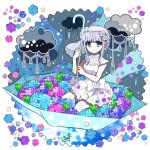  1girl blue_eyes dress elina_(e2n04n) flower frills grey_hair hair_flower hair_ornament hydrangea original sitting solo umbrella white_dress 