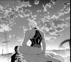  1boy archer_(fate) fate/stay_night fate_(series) field_of_blades lem30be male_focus monochrome multiple_swords multiple_weapons planted planted_sword sword too_many_weapons unlimited_blade_works_(reality_marble) weapon 