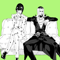  2boys black_hair bob_cut bruno_bucciarati commentary_request crossed_legs green_background greyscale_with_colored_background jojo_no_kimyou_na_bouken leone_abbacchio moru_moru_moru multiple_boys short_hair simple_background sitting vento_aureo zipper zipper_pull_tab 