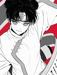  1girl absurdres closed_mouth double_bun eyelashes forehead_protector greyscale_with_colored_background hair_bun highres konohagakure_symbol long_sleeves looking_at_viewer m0_mo_momo naruto_(series) naruto_shippuuden red_background scroll short_hair smile solo tenten_(naruto) upper_body 