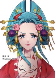  1girl aqua_eyes aqua_hair artist_name closed_mouth crying crying_with_eyes_open flower fox_mask hair_flower hair_ornament hair_stick highres holding holding_mask japanese_clothes kimono kouzuki_hiyori lipstick looking_at_viewer makeup mask natsuki_shio nihongami oiran one_piece pink_flower red_lips simple_background solo tears unworn_mask white_background 