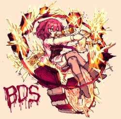  1girl boots bottle breasts brown_boots brown_thighhighs commentary drinking drum drumsticks high_heel_boots high_heels highres holding holding_bottle horikawa_raiko instrument jacket korean_commentary large_breasts long_sleeves medium_hair miniskirt music necktie open_clothes open_jacket playing_instrument purple_necktie rampa93 red_eyes red_hair red_shirt shirt sitting sitting_on_drum skirt solo suit_jacket taiko_drum thigh-highs touhou white_skirt 