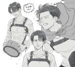  1boy bucket clenched_teeth cloak commentary_request frown greyscale holding holding_bucket holster levi_(shingeki_no_kyojin) male_focus monochrome shingeki_no_kyojin suspenders teeth translation_request wet yonchi 