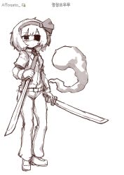  1girl absurdres alternate_costume belt closed_mouth collared_shirt commentary crossdressing crossdressing_(mtf) dual_wielding eyepatch full_body gloves greyscale highres hitodama holding holding_sword holding_weapon konpaku_youmu konpaku_youmu_(ghost) korean_commentary long_sleeves looking_at_viewer medium_hair monochrome necktie pants rampa93 reverse_grip shirt shoes solo sword touhou vest weapon 