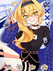  absurdres bao_bao_(dokibird) black_hairband black_nails black_shirt black_shorts blonde_hair blue_jacket chain choker doki_amber_doge_(dokibird) dokibird dokibird_(alt-girl_doki) dragoon_(dokibird) fang feet_out_of_frame gads_koookwee green_hair hairband highres indie_virtual_youtuber jacket long_hair mei_mei_(dokibird) pointy_ears shirt shirt_tucked_in short_shorts shorts skin_fang smile solo v virtual_youtuber 
