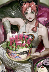  1girl alternate_hair_color arm_tattoo braid braided_ponytail brooch bun_with_braided_base cake cherry commentary copyright_name cupcake detached_sleeves double_bun english_text food fruit green_eyes green_jacket grey_pants hair_bun heart heart_brooch highres holding holding_cake holding_food jacket jewelry jojo_no_kimyou_na_bouken kujo_jolyne masakenme multicolored_hair number_candle pants pink_pillow red_hair single_detached_sleeve solo spider_web_print stone_ocean string_of_pearls tattoo two-tone_hair 
