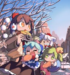  4girls animal_ears bag bare_tree black_skirt blue_bow blue_dress blue_hair bow breath brown_jacket cirno clenched_teeth closed_eyes commentary daiyousei day detached_wings dress earmuffs eating facing_viewer fairy_wings flying food frilled_skirt frills green_eyes green_hair grey_hair hair_between_eyes hair_bow hat holding holding_bag holding_food ice ice_wings inubashiri_momiji jacket long_sleeves moyazou_(kitaguni_moyashi_seizoujo) multiple_girls one_side_up open_mouth outdoors paper_bag pinafore_dress pom_pom_(clothes) red_eyes red_hat red_scarf scarf shameimaru_aya skirt sleeveless sleeveless_dress sweat taiyaki teeth tokin_hat touhou tree untranslatable_commentary wagashi wings wolf_ears wolf_girl yellow_eyes yellow_scarf 
