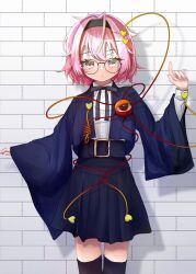  1girl alternate_costume bespectacled black-framed_eyewear black_bow black_bowtie black_hairband black_thighhighs blue_skirt bow bowtie collared_shirt eyeball glasses hair_ornament hairband heart heart_hair_ornament komeiji_satori long_sleeves looking_at_viewer nanahana_nanana pink_eyes pink_hair pink_nails pleated_skirt round_eyewear shirt short_hair skirt solo thigh-highs third_eye touhou white_shirt 