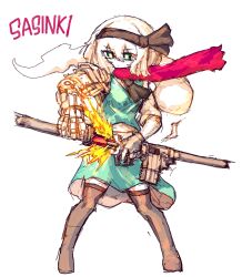  1girl ascot black_ascot black_hairband black_thighhighs commentary green_eyes green_skirt green_vest grey_hair hairband hf_murasama highres hitodama holding holding_sword holding_weapon konpaku_youmu konpaku_youmu_(ghost) korean_commentary rampa93 sheath shirt simple_background skirt skirt_set solo sword thigh-highs touhou unsheathing vest weapon white_background white_shirt 