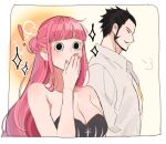  ! 1boy 1girl =3 bad_id bad_twitter_id beard black_eyes blunt_bangs blush commentary_request cross_pendant dracule_mihawk dress facial_hair hair_bun joman korean_commentary long_hair mustache one_piece perona pink_hair pink_nails profile shirt sidelocks sigh simple_background star_(symbol) strapless strapless_dress white_shirt 