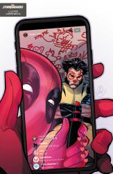  2boys absurdres arm_hair artist_name black_hair cellphone comic_cover cover cover_page crossed_arms deadpool deadpool_(series) drawing_on_another's_face drawn_on_eyes emoji english_text facial_hair gem_(symbol) heart highres holding holding_marker holding_phone jubilee kamala_khan kid_omega_(marvel) livestream lukas_werneck male_focus marker marvel mature_male miles_morales multiple_boys muscular muscular_male mutton_chops official_art phone red_mask short_hair signature sitting skull_emoji sleeping stepford_cuckoos superhero_costume white_background wolverine_(x-men) x-men 