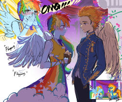  2girls absurdres adapted_costume animification black_pants blue_coat blue_skin blush breasts butch/femme_couple chinese_commentary coat colored_skin commentary_request covering_own_mouth crying cup derivative_work dress english_text eye_contact feathered_wings food from_side fruit grand_galloping_gala grapes highres holding holding_cup jewelry laurel_crown long_hair long_sleeves looking_at_another medium_breasts mug multicolored_hair multiple_girls multiple_views my_little_pony my_little_pony:_equestria_girls my_little_pony:_friendship_is_magic necklace official_alternate_costume official_alternate_hairstyle orange_hair orange_skin pants personification pink_eyes profile rainbow_dash rainbow_dash_(equestria_girls) rainbow_dress rainbow_hair reference_inset screenshot_inset screenshot_redraw short_hair shy sleeveless sleeveless_dress small_breasts spiky_hair spitfire_(equestria_girls) spitfire_(my_little_pony) tomboy wings wonderbolts_uniform xiao_shi_nu_zhi_nu yuri 