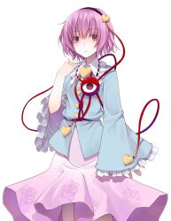  1girl black_hairband blue_shirt breasts buttons closed_mouth commentary_request cowboy_shot crote floral_print floral_print_skirt frilled_shirt_collar frills front_slit hair_ornament hairband hand_up heart heart_button heart_hair_ornament highres komeiji_satori large_variant_set long_sleeves pink_eyes pink_hair pink_skirt print_skirt ribbon-trimmed_collar ribbon_trim shirt short_hair skirt sleeves_past_wrists solo standing tachi-e third_eye touhou transparent_background variant_set wide_sleeves 