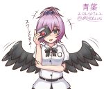  1girl aoba_(kancolle) bird_wings black_wings blue_eyes blue_scrunchie blush breasts camera cosplay hair_ornament hair_scrunchie highres holding holding_camera kantai_collection open_mouth ponytail purple_hair ribbon riretsuto scrunchie shameimaru_aya shameimaru_aya_(cosplay) shirt short_sleeves skirt smile touhou trait_connection wings 