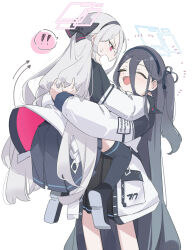  ! !! 2girls absurdly_long_hair aqua_halo aris_(blue_archive) black_hair black_hairband black_skirt black_thighhighs blue_archive blue_halo blush closed_eyes grey_hair hair_between_eyes hairband halo highres hug jacket kei_(blue_archive) kei_(new_body)_(blue_archive) lifting_person long_hair long_hair_between_eyes long_sleeves mimizuku_(mmiganaru) multicolored_jacket multiple_girls one_side_up open_mouth pink_halo pleated_skirt rectangular_halo red_eyes ringed_eyes shirt simple_background skirt smile tail thigh-highs two-tone_jacket very_long_hair white_background white_hair white_jacket 
