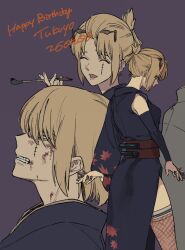  1girl bangs_pinned_back black_kimono blonde_hair commentary_request folded_ponytail gintama hadanugi_dousa happy_birthday highres holding holding_smoking_pipe japanese_clothes kimono kiseru kunai nihongami onechangm scar scar_on_cheek scar_on_face sleeveless sleeveless_kimono smoking_pipe solo tsukuyo_(gintama) weapon 