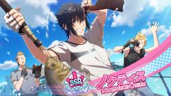  3boys arm_ribbon baseball_cap black_gloves black_hair black_hat black_ribbon black_vest blonde_hair blue_eyes book brown_hair camera character_name commentary_request final_fantasy final_fantasy_xv fingerless_gloves fish fishing fishing_rod glasses gloves grey_shirt grin hair_between_eyes hand_up hat holding holding_book holding_camera holding_fishing_rod holding_unworn_clothes holding_unworn_hat ignis_scientia male_focus mishio multiple_boys noctis_lucis_caelum open_mouth outdoors parted_lips prompto_argentum ribbon shirt short_hair sideburns single_glove smile spiky_hair taking_picture teeth unworn_hat unworn_headwear vest water_drop white_gloves white_shirt wiping_sweat 