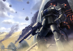  army artist_request cable cannon clouds cloudy_sky desert fleet gun gundam gundam_perfect_file highres landing machine_gun magazine_scan magella_attack mecha mecha_focus military_vehicle mobile_suit mobile_suit_gundam motor_vehicle no_humans official_art one-eyed open_hatch painting_(medium) promotional_art ramp realistic robot scan scene_reference science_fiction scope shield shoulder_spikes sky smoke space_capsule spacecraft spacecraft_interior spikes tank tank_turret traditional_media war weapon zaku_ii zeon 
