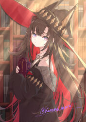  1girl animal_ear_headwear black_hair black_hat book bookshelf colored_inner_hair commentary_request hat holding holding_book karasu_(reverseblue) konome_maru long_hair looking_at_viewer multicolored_hair off_shoulder red_hair red_hat reverseblue_x_re-birthend signature solo two-sided_fabric very_long_hair violet_eyes witch_hat 