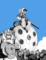  1boy 1girl absurdres blue_background blue_eyes clouds coat commentary_request gloves grey_gloves grin gun hat heisy_ss highres holding hood hood_up hooded_coat long_sleeves mask medium_hair monochrome original outdoors pants propeller puffy_pants robot science_fiction sitting skull_mask smile weapon white_coat winter_clothes winter_coat 