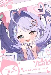  1girl :3 :d absurdres ahoge blue_eyes blue_sweater blush bow bun_cover character_name commentary cropped_torso dated eyebrows_hidden_by_hair fang hair_bow hair_ears hair_ornament hairclip hands_up heart heart_hair_ornament heterochromia highres holding holding_own_hair long_hair open_mouth orange_eyes parallel_hairclips parted_bangs photo_(object) pink_pupils smile solo stellive striped_clothes striped_sweater sweater tenko_shibuki twintails virtual_youtuber yellow_pupils yireh 